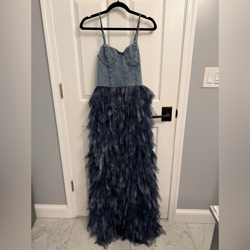 Fashion Nova Blue Denim Maxi Tulle Dress - S